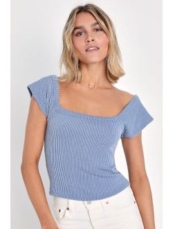 Impressively Cute Slate Blue Ribbed Knit Short Sleeve Top