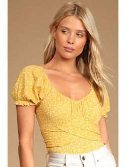 Come Into Bloom Mustard Yellow Floral Print Tie-Back Bodysuit