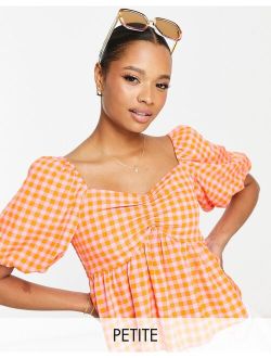Petite puff sleeve blouse in pink gingham