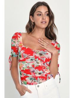 Pretty Babe Red Floral Print Mesh Ruched Short Sleeve Bodysuit
