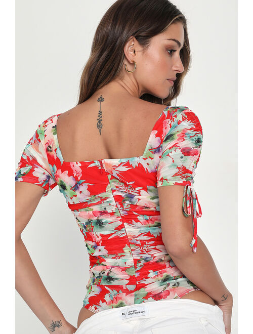 Lulus Pretty Babe Red Floral Print Mesh Ruched Short Sleeve Bodysuit