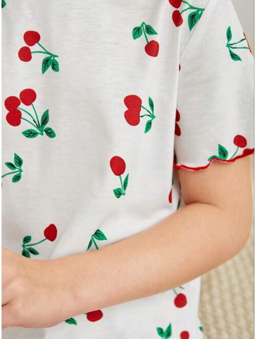 SHEIN Tween Girl Cherry Print Lettuce Trim Tee & Shorts PJ Set