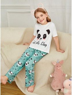 Girls Panda & Slogan Graphic Tee & Pants PJ Set
