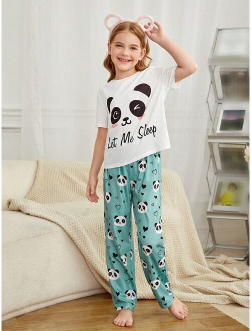 SHEIN Girls Panda & Slogan Graphic Tee & Pants PJ Set