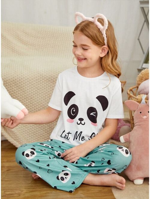 SHEIN Girls Panda & Slogan Graphic Tee & Pants PJ Set