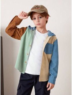 Tween Boy Colorblock Patched Pocket Hooded Corduroy Shirt Without Tee