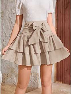 Girl's Elastic High Waist Tie Front Layered Ruffle Hem A Line Skirt