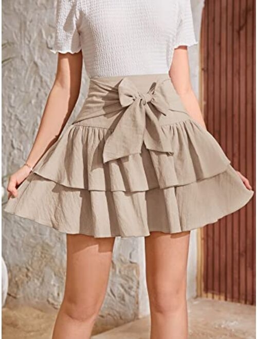 WDIRARA Girl's Elastic High Waist Tie Front Layered Ruffle Hem A Line Skirt