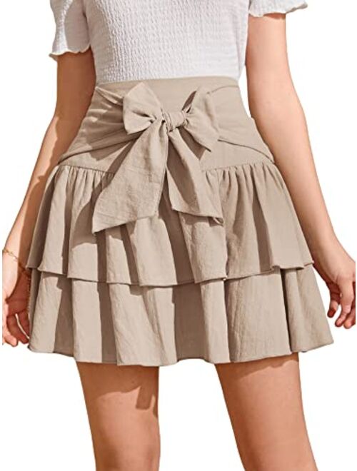 WDIRARA Girl's Elastic High Waist Tie Front Layered Ruffle Hem A Line Skirt