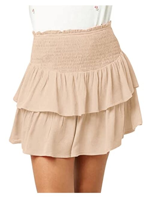 Newffr Girls Smocked Ruffle Mini Skirts Cute High Elastic Waisted Tiered Short Skirt with Shorts Underneath
