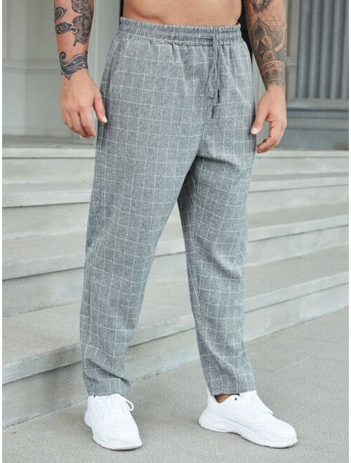 Extended Sizes Men Grid Print Drawstring Waist Pants