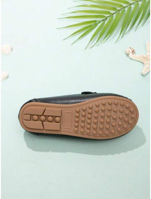 Shein Comfortable Car Line Children's Flat Shoes For Boys, Lychee Pattern Pressed Flower Flat Loafers