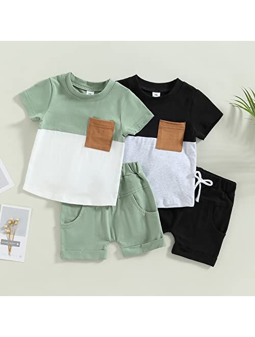 LIOMENGZI Infant Baby Boys Summer Color Block Clothes Sets Outfits Short T Shirt Elastic Striped Shorts Set Toddler Clothes