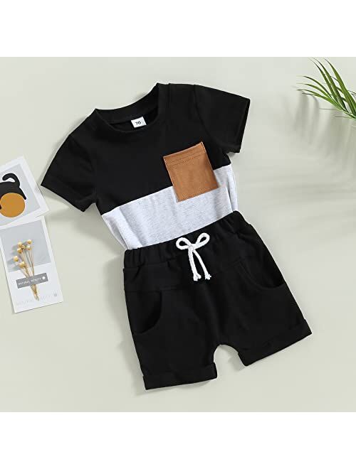 LIOMENGZI Infant Baby Boys Summer Color Block Clothes Sets Outfits Short T Shirt Elastic Striped Shorts Set Toddler Clothes