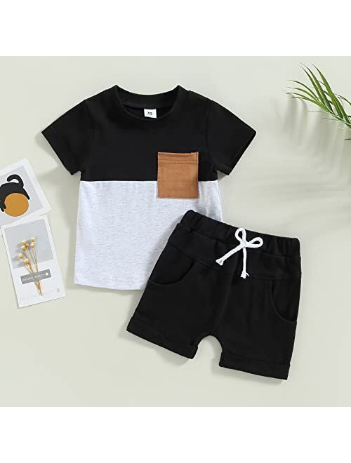 LIOMENGZI Infant Baby Boys Summer Color Block Clothes Sets Outfits Short T Shirt Elastic Striped Shorts Set Toddler Clothes