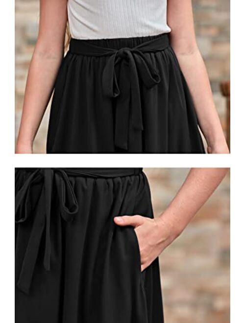 GORLYA Girls Tie Belt High Waist Flowy A-Line Flared Skater Midi Skirt with Pockets for 4-14T