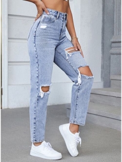 EZwear High Waist Ripped Tapered Jeans Without Belt