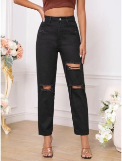 EZwear High Waist Ripped Tapered Jeans Without Belt