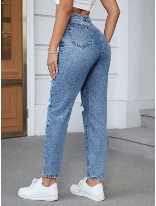 SHEIN EZwear High Waist Ripped Tapered Jeans Without Belt