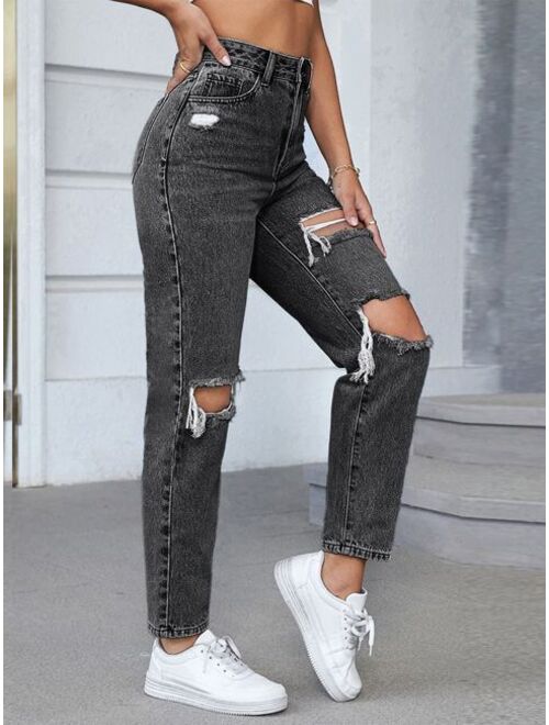 SHEIN EZwear High Waist Ripped Tapered Jeans Without Belt