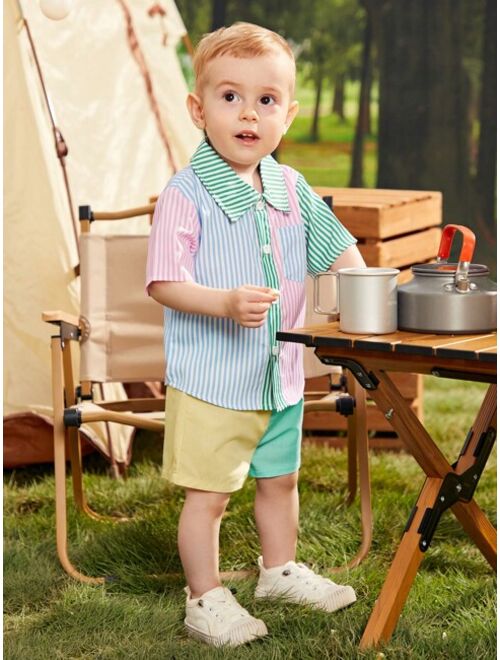 Shein Baby Boy Striped Print Colorblock Shirt & Shorts Without Tee