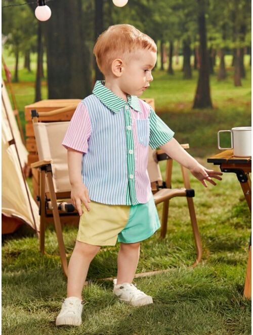 Shein Baby Boy Striped Print Colorblock Shirt & Shorts Without Tee