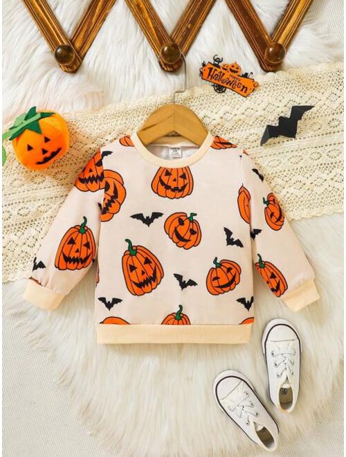 SHEIN Baby Boys Casual Pumpkin Print Halloween Long Sleeve Sweatshirt With Round Neck For Autumn And Winter