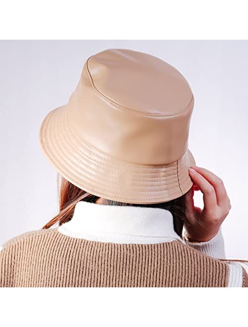 MILAKOO Faux Leather Bucket Hat for Women Wide Brim PU Fishing Hat Punk Gothic Cap