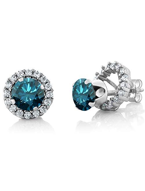 Gem Stone King 1.60 Ct Round Blue SI1-SI2 Diamond 925 Sterling Silver Removable Jacket Stud Earrings