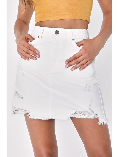 Just Black Babe Status White Denim Distressed Mini Skirt
