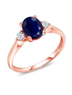 Gem Stone King 10K Rose Gold Blue Sapphire and White Created Sapphire 3 Stone Engagement Ring For Women (1.89 Cttw, Oval Gemstone Birthstone, Available In Size 5, 6, 7, 8