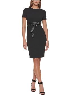 Scuba Crepe Short Sheath Dress with Faux Leather Belt