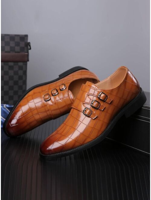 Shein Men Crocodile Embossed Buckle Decor Dress Shoes, Vintage Brown Monk Shoes For Workplace
