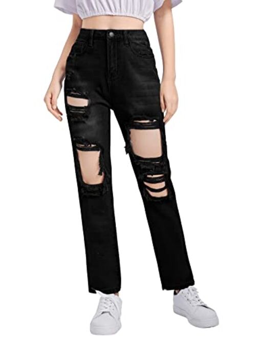 SweatyRocks Teen Girl's High Waisted Straight Leg Ripped Jeans Washed Denim Pants with Pockets