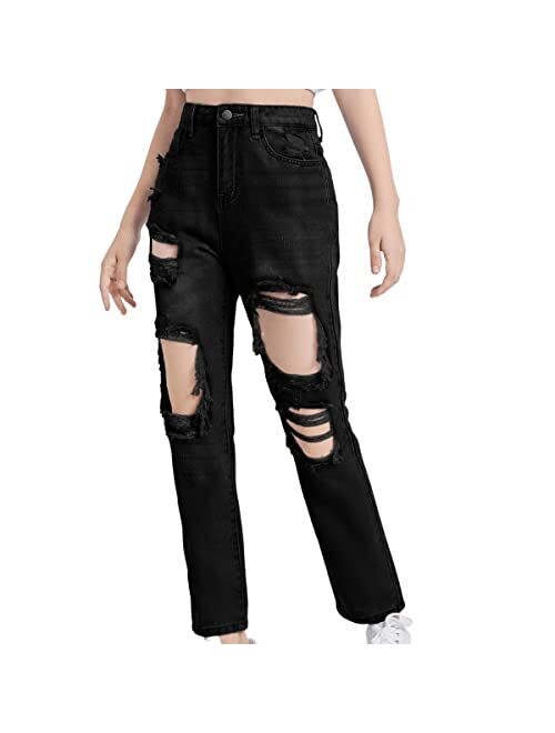 SweatyRocks Teen Girl's High Waisted Straight Leg Ripped Jeans Washed Denim Pants with Pockets