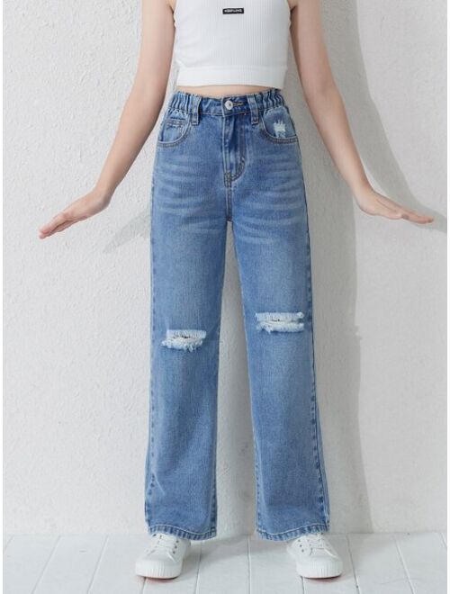 SHEIN Kids EVRYDAY Girls Ripped Frayed Straight Leg Jeans