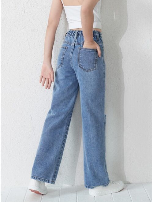 SHEIN Kids EVRYDAY Girls Ripped Frayed Straight Leg Jeans