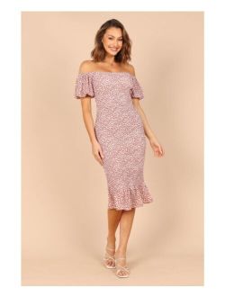 Petal and Pup Womens Claire Shirred Bodycon Off Shoulder Midi Dress