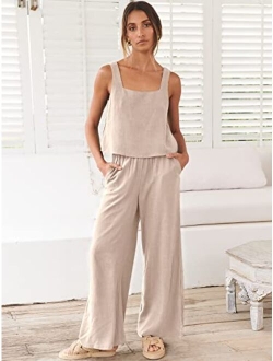 Women's 2 Piece Outfits Square Neck Linen Tank Crop Top Wide Leg Pants Matching Lounge Set Tracksuit