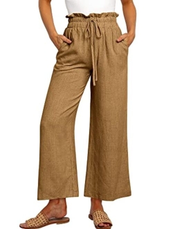 Women's Linen Pants Casual Loose High Waist Drawstring Wide Leg Capri Palazzo Pants Trousers with Pockets