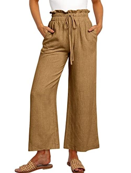 ANRABESS Women's Linen Pants Casual Loose High Waist Drawstring Wide Leg Capri Palazzo Pants Trousers with Pockets