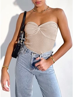Women Strapless Crop Tube Top Sexy Ribbed Knit Twisted Knot Front Sleeveless Y2K Corset Tanks Top