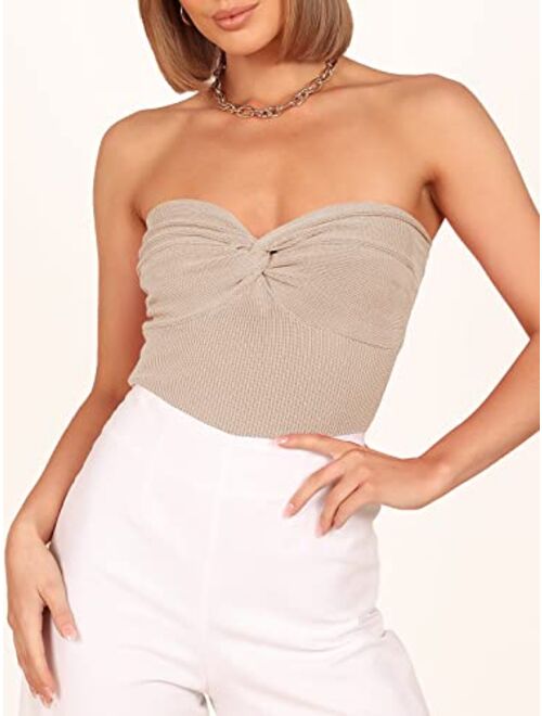 ANRABESS Women Strapless Crop Tube Top Sexy Ribbed Knit Twisted Knot Front Sleeveless Y2K Corset Tanks Top