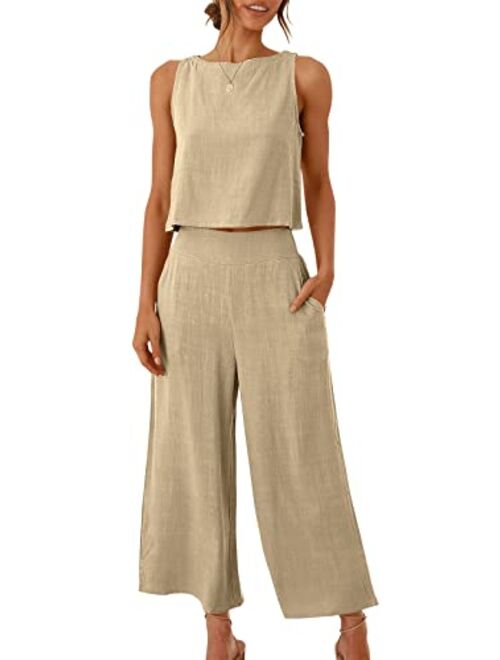 ANRABESS Women's Summer 2 Piece Outfits Sleeveless Tank Crop Button Back Top Cropped Wide Leg Pants Set Pockets