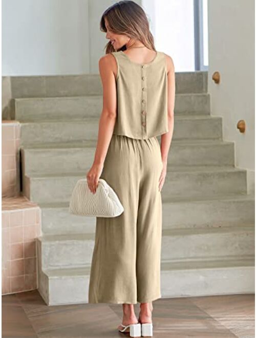 ANRABESS Women's Summer 2 Piece Outfits Sleeveless Tank Crop Button Back Top Cropped Wide Leg Pants Set Pockets