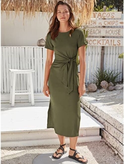Womens Summer Short Sleeve Crewneck T Shirt Maxi Dress Tie Waist Casual Slim Fit Slit Beach Dresses