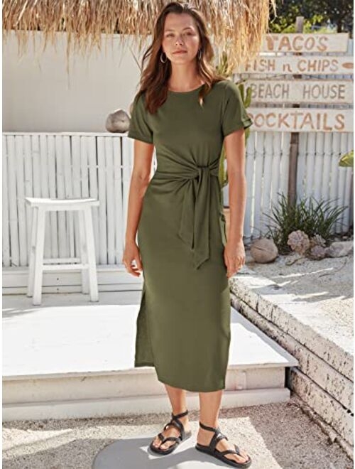 ANRABESS Womens Summer Short Sleeve Crewneck T Shirt Maxi Dress Tie Waist Casual Slim Fit Slit Beach Dresses