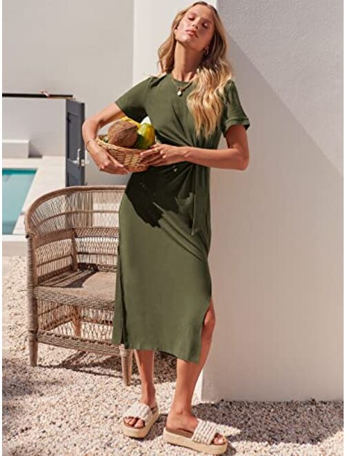 ANRABESS Womens Summer Short Sleeve Crewneck T Shirt Maxi Dress Tie Waist Casual Slim Fit Slit Beach Dresses