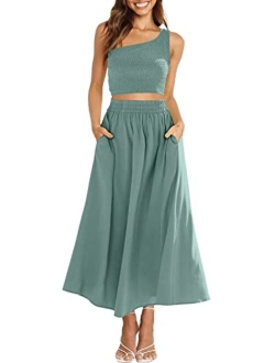 Women's 2 Pieces Outfits One Shoulder Smocked Crop Top & High Waist Long Skirt Dress Set with Pockets