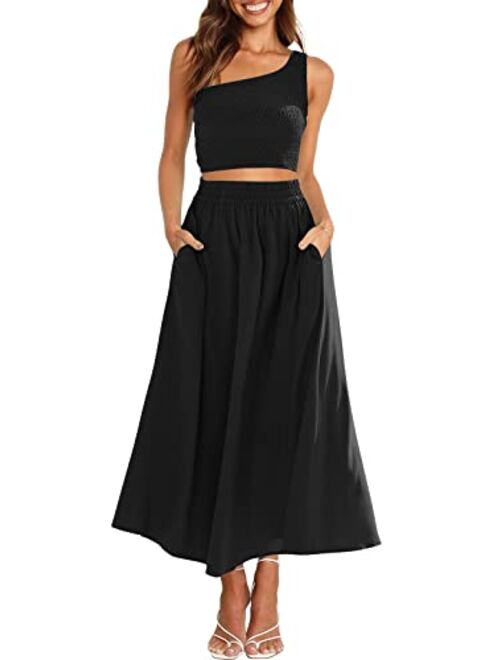 ANRABESS Women's 2 Pieces Outfits One Shoulder Smocked Crop Top & High Waist Long Skirt Dress Set with Pockets